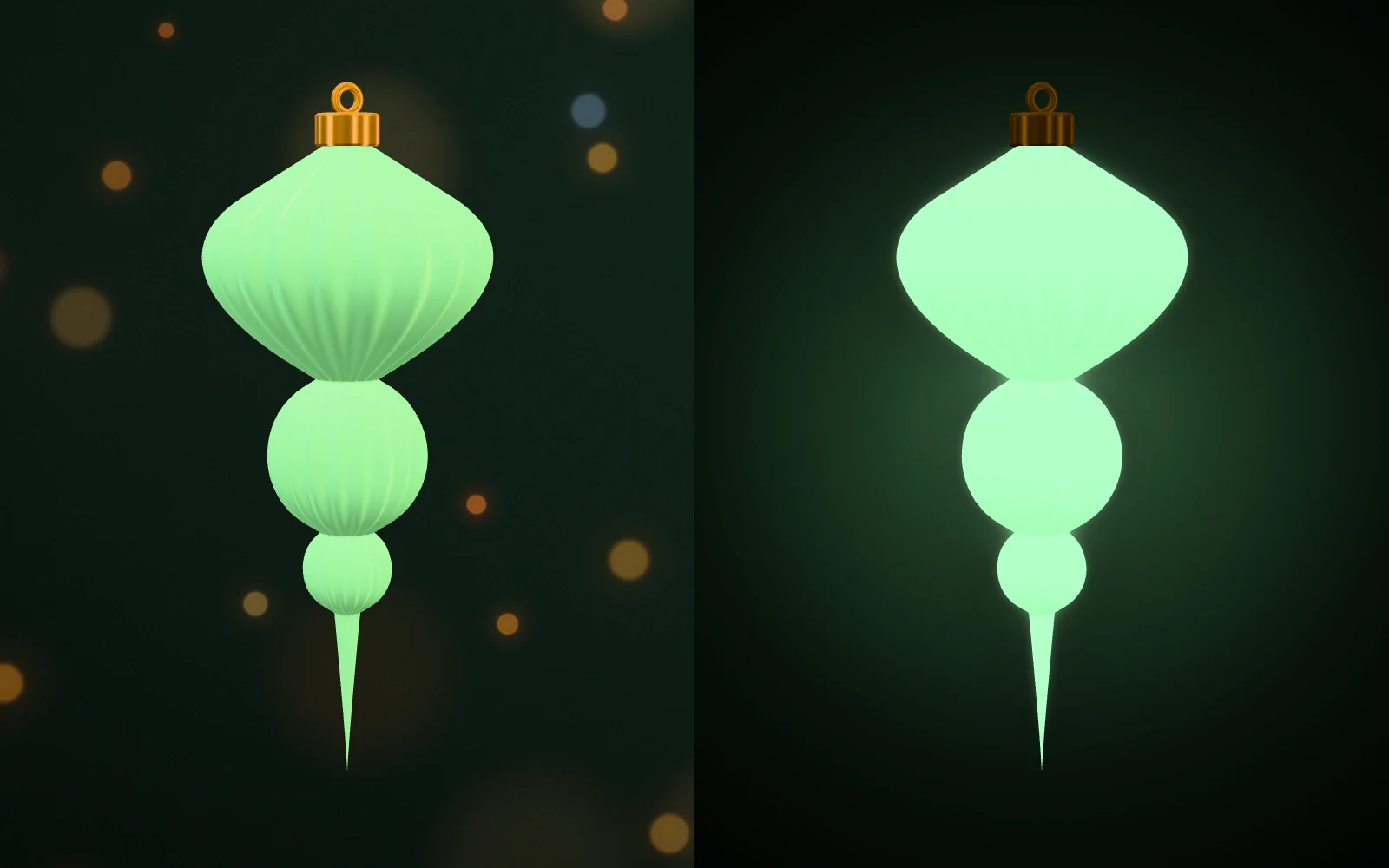 Финиал из PLA Glow Green: слева днём бледно-зелёный, справа в темноте светится с ореолом